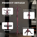 Coat Racks FreeStanding with 14 Hooks, Natural Wood Coat Rack with Solid Round Base, Adjustable Height Coat Racks, Easy Assembly for Hallway, Bedroom and Office (Reddish brown-Tray)