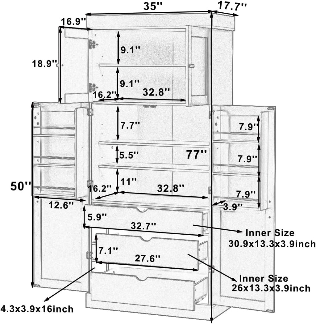 Polibi 77" Tall Freestanding Kitchen Pantry Cabinet, 35" L x 17.7" W Modern Shaker Style Storage Cupboard with Adjustable Shelves, Wine Racks, Drawers, Door Shelves, White