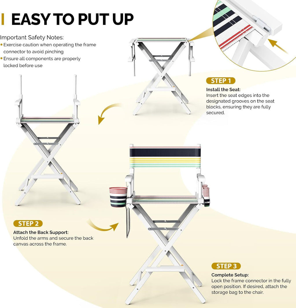 OmySalon Director's Chair 31" Height Folding Portable w/Storage Pouch & Footrest, Makeup Artist Chair for Salon, Events, Mobile, 250lb Capacity, White Wood Frame & Striped Canvas Seat