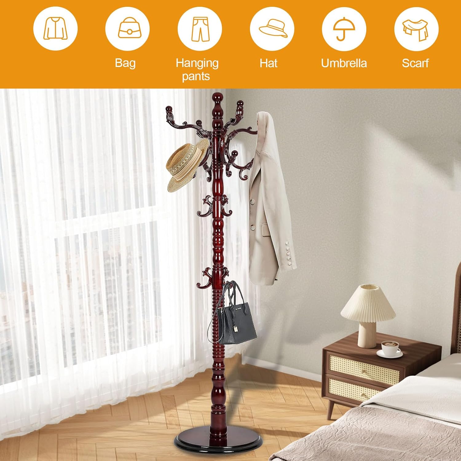 Wooden Coat Hanger Stand, Coat Rack Freestanding 18 Hooks, Mid Century Vintage Coat Tree for Entryway, Adjustable Height 73", Heavy Duty Coat stand for Home Bedroom, Office(Walnut)