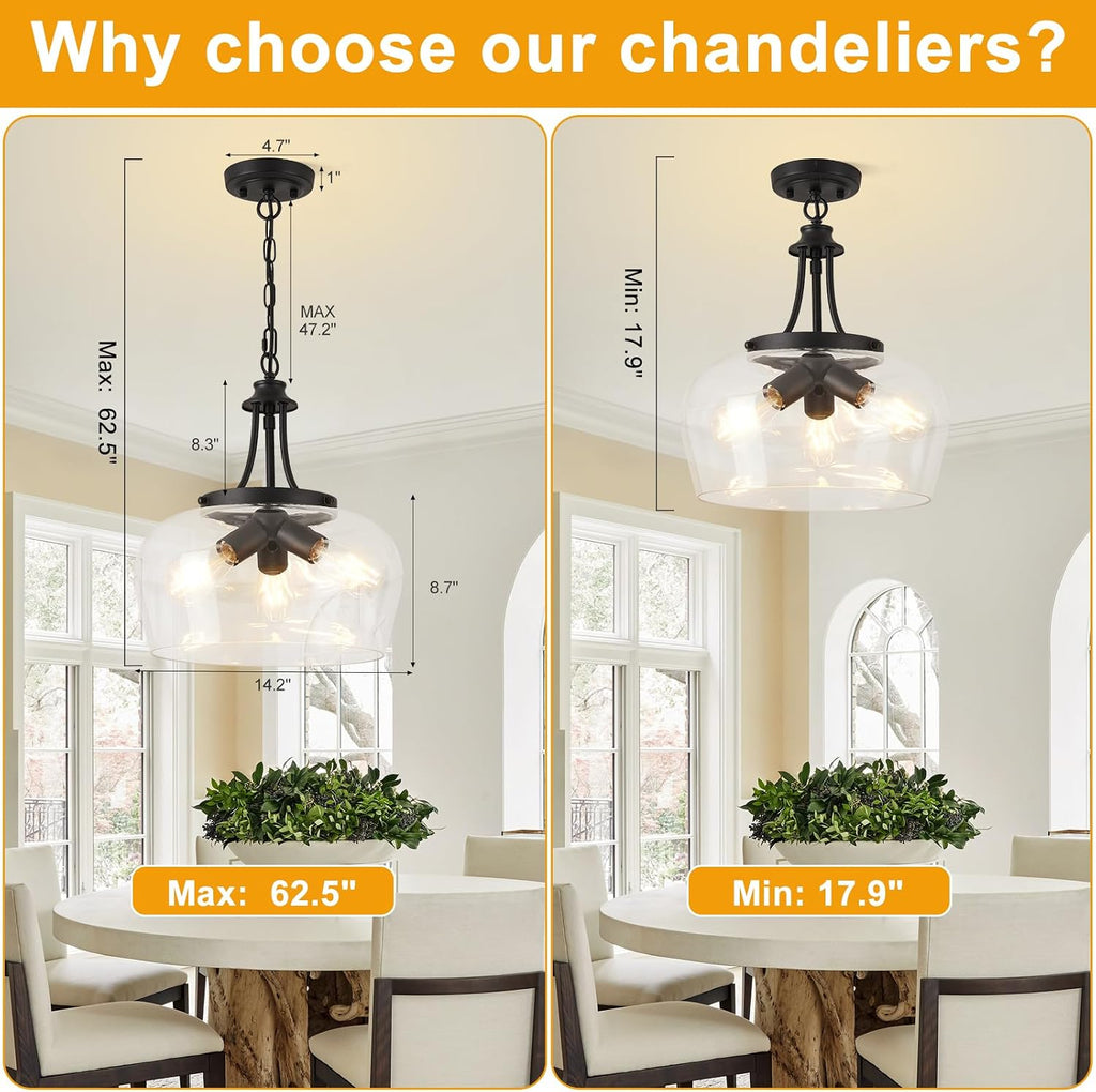 14.2" Modern Pendant Lights Kitchen Island, 3-Light Matte Black Pendant Light Fixtures with Clear Glass Shade, Industrial Hanging Pendant Lights Fixture for Kitchen Island Dining Room Bedroom Entryway