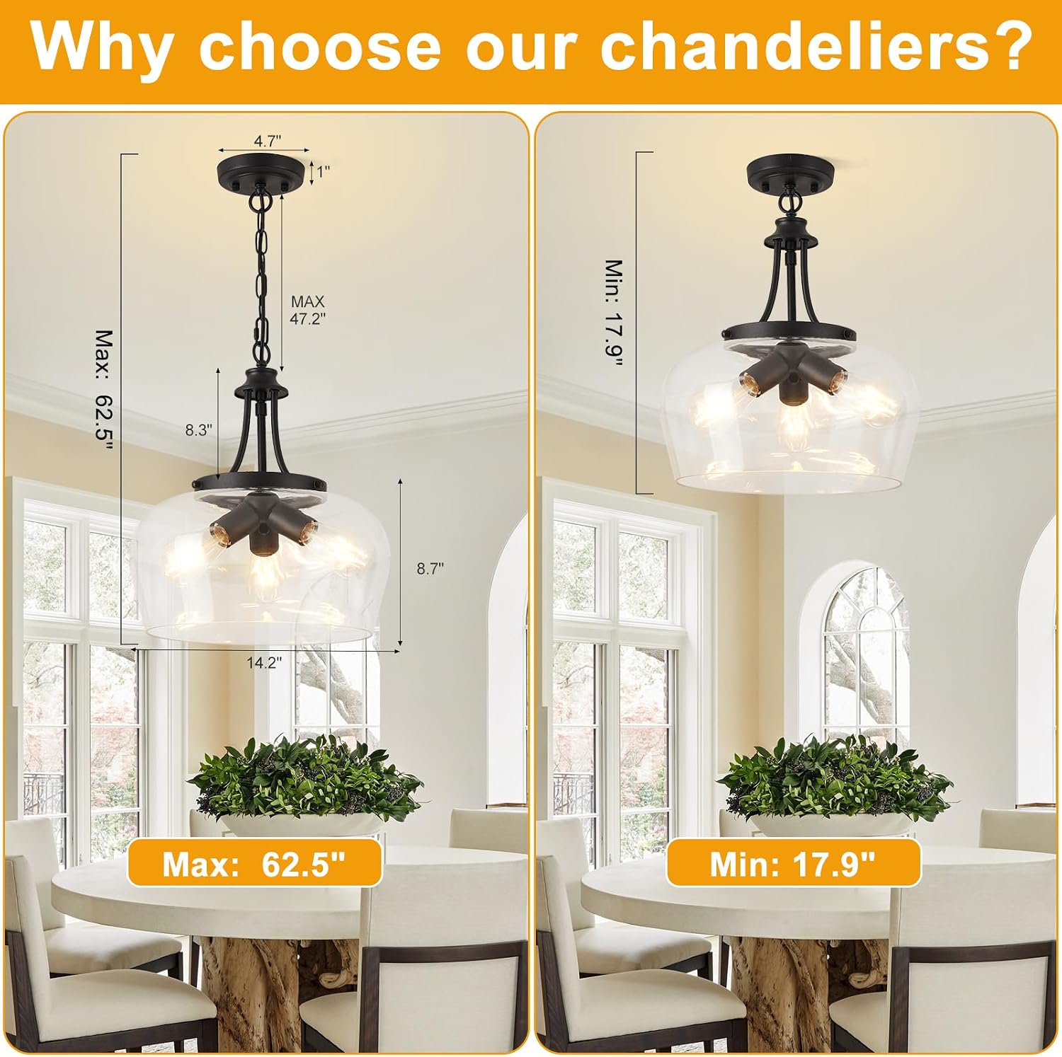 14.2" Modern Pendant Lights Kitchen Island, 3-Light Matte Black Pendant Light Fixtures with Clear Glass Shade, Industrial Hanging Pendant Lights Fixture for Kitchen Island Dining Room Bedroom Entryway