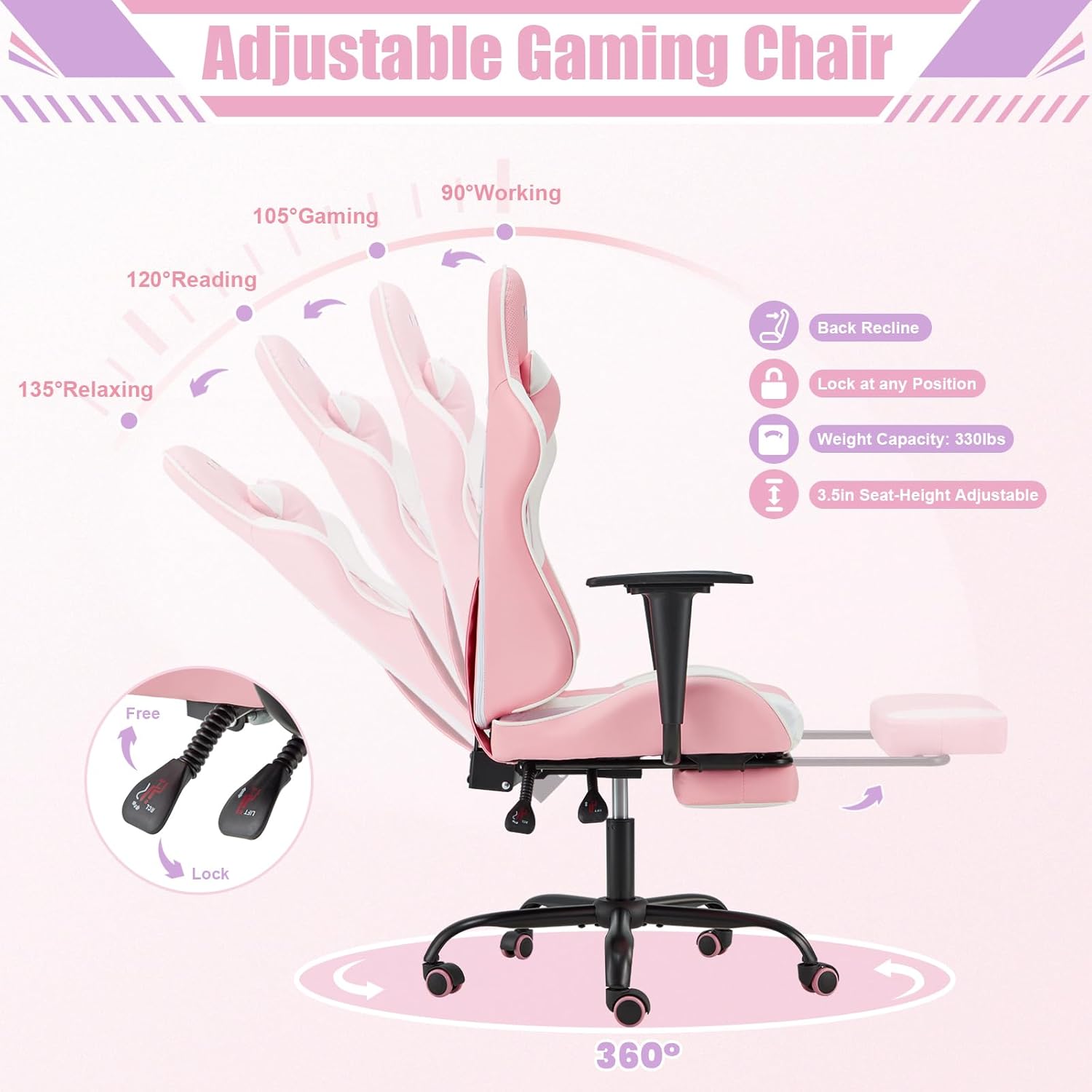 ECOTOUGE PC Gaming Chair Massage Ergonomic Office Desk Chair Racing PU Leather Recliner Swivel Rocker with Headrest and Lumbar Pillow, Pink-White