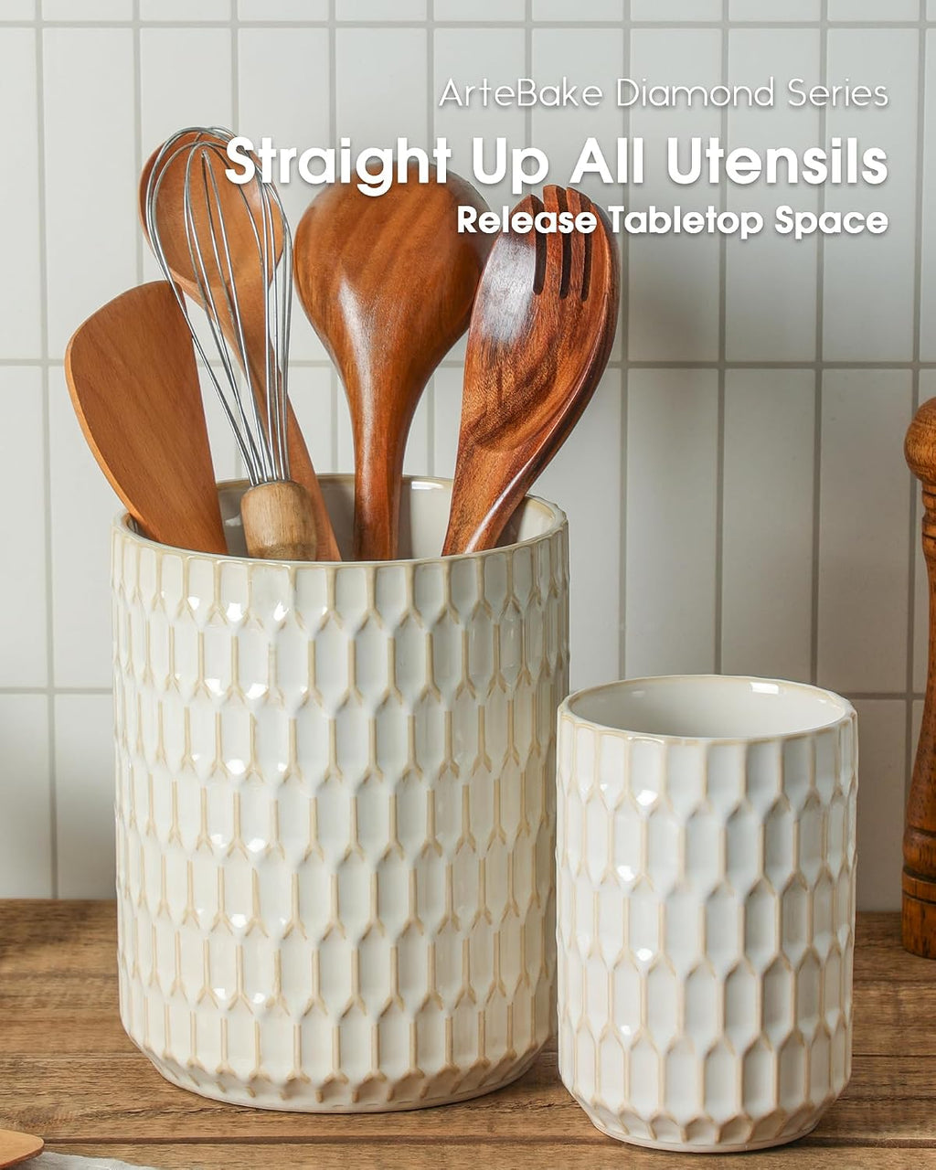 Utensil Holder Set of 2, Large & Small Ceramic Utensil Holder for Kitchen Countertop, Farmhouse Kitchen Decor, Thick Durable Utensil Crock Organizer, Beige