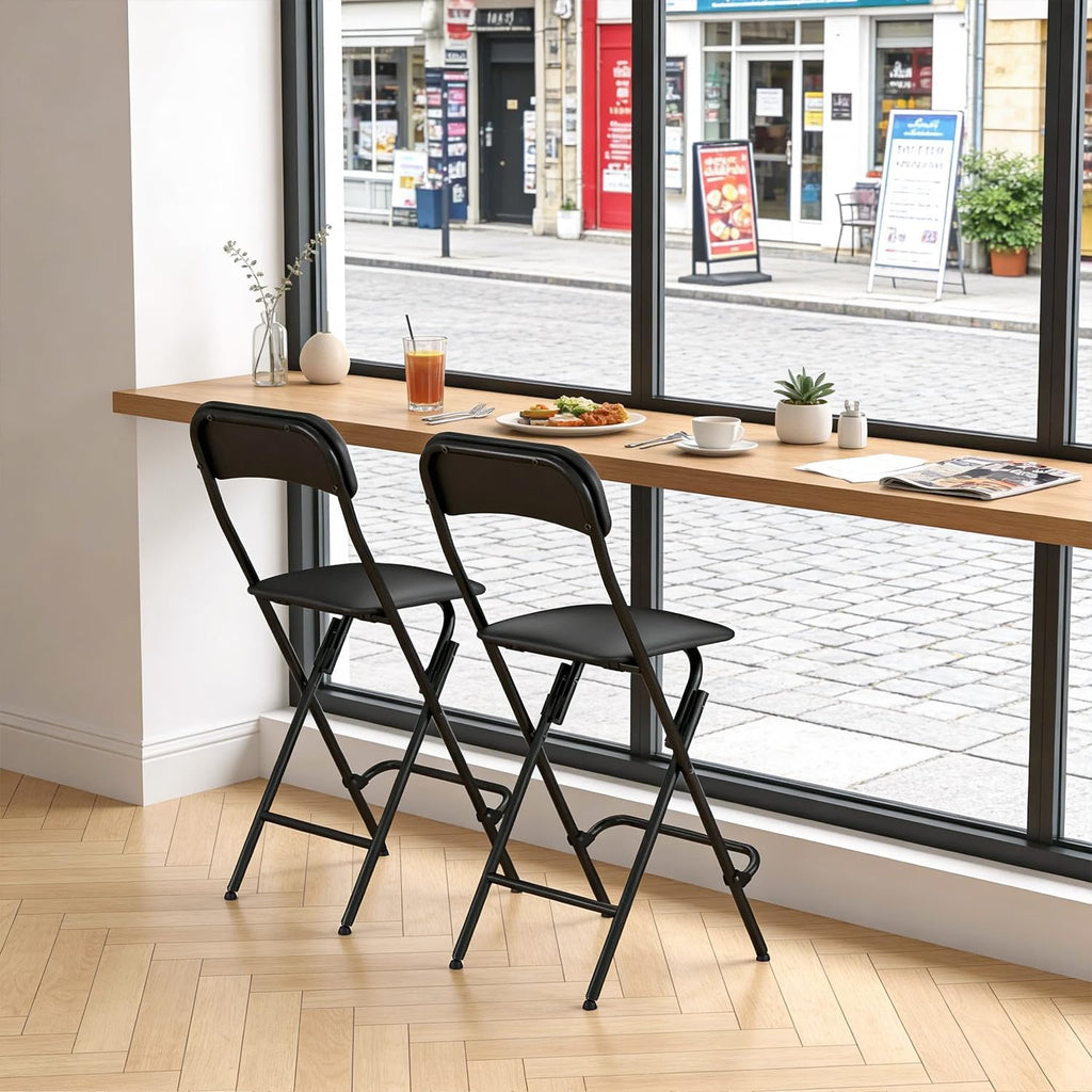 Folding Bar Stool with Backrest,25 Inch Leather Padded Counter Height Foldable Stool,Tall Folding Stool Chair for Gardening Kitchen Shop Cafe, Black (2 Pack)
