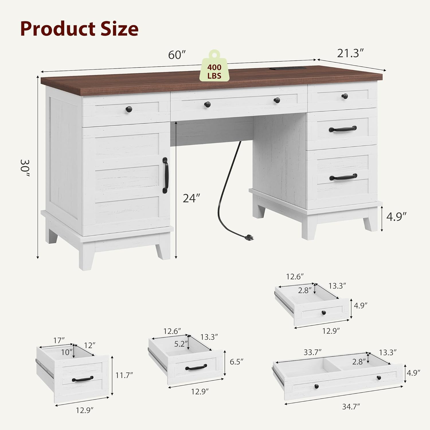 Garvee 60" Wooden Home Office Desk with File Drawers, Executive Desk with Adjustable Cabinet, Farmhouse Wood Desk with Power Outlet, Distressed Study and Work Table, Rustic White