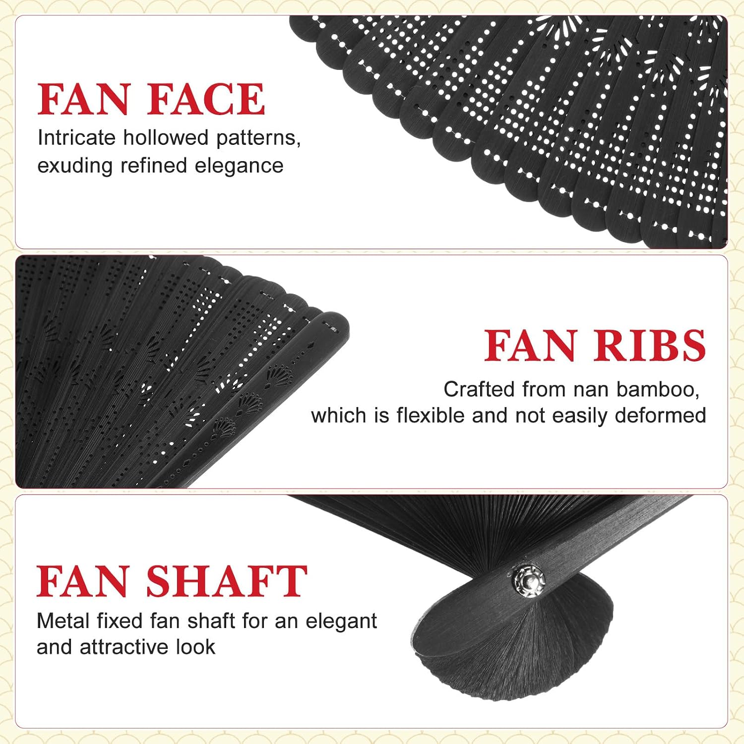 NUOBESTY Bamboo Folding Fan 12.5 Inch Vintage Hand Held Fan for Women Portable Foldable Hand for Summer Weddings Parties and Home Decoration (Black)
