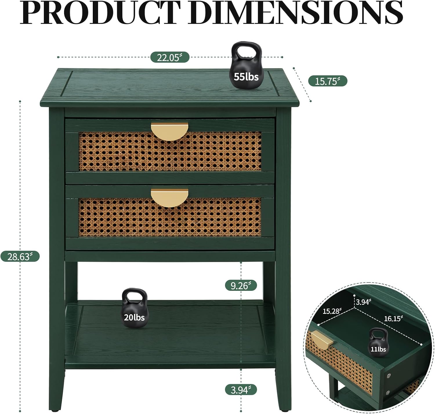 Rattan End Table with 2 Drawers & 1 Open Storage Shelf, Wood Side Table with Golden Semi-Circular Handles & Solid Wood Legs, Boho Nightstand for Bedroom & Living Room, Green, 1 PC
