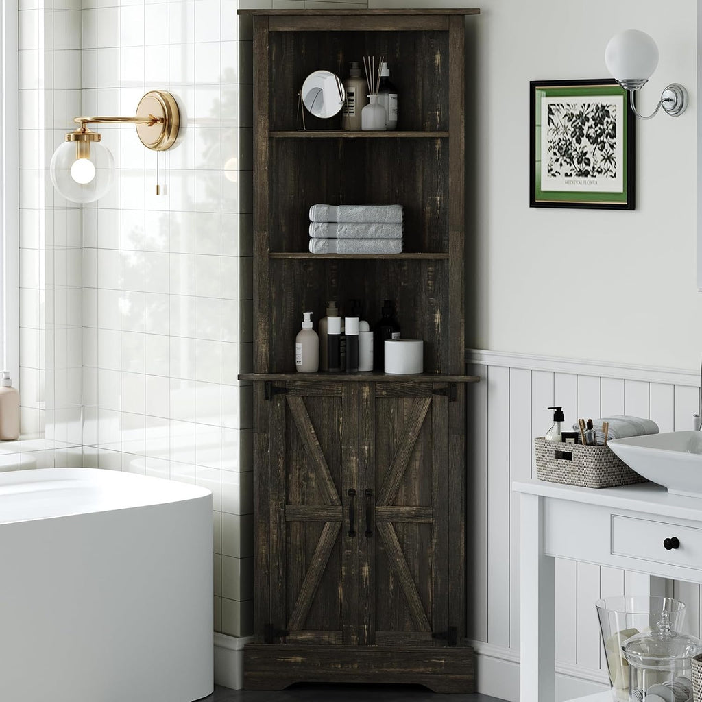 4 EVER WINNER Farmhouse Corner Cabinet, 68" Tall Corner Cabinet with 5-Tier Adjustable Shelves and Barn Doors for Small Spaces, Living Room, Dining Room, Hallway, Bathroom, Kitchen, Rustic Oak