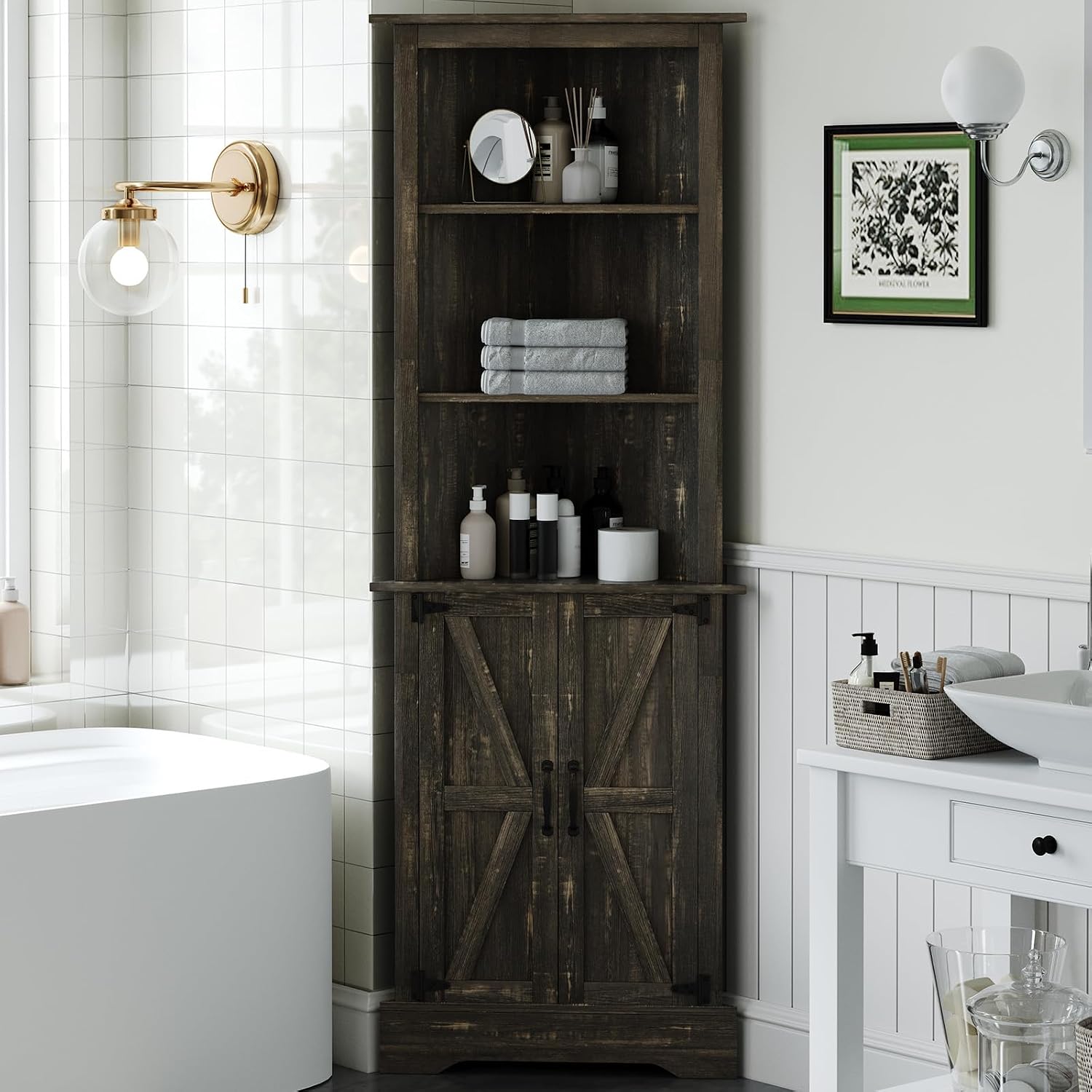 4 EVER WINNER Farmhouse Corner Cabinet, 68" Tall Corner Cabinet with 5-Tier Adjustable Shelves and Barn Doors for Small Spaces, Living Room, Dining Room, Hallway, Bathroom, Kitchen, Rustic Oak