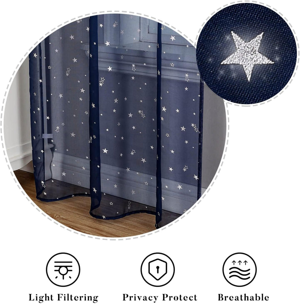 WUBODTI Navy Blue Voile Curtains 84 Inches Long 2 Panels, Rod Pocket Semi Sheer Kids Curtain for Boys Bedroom Living Room,Galaxy Starry Tulle Window Treatments Star Wars Room Decor