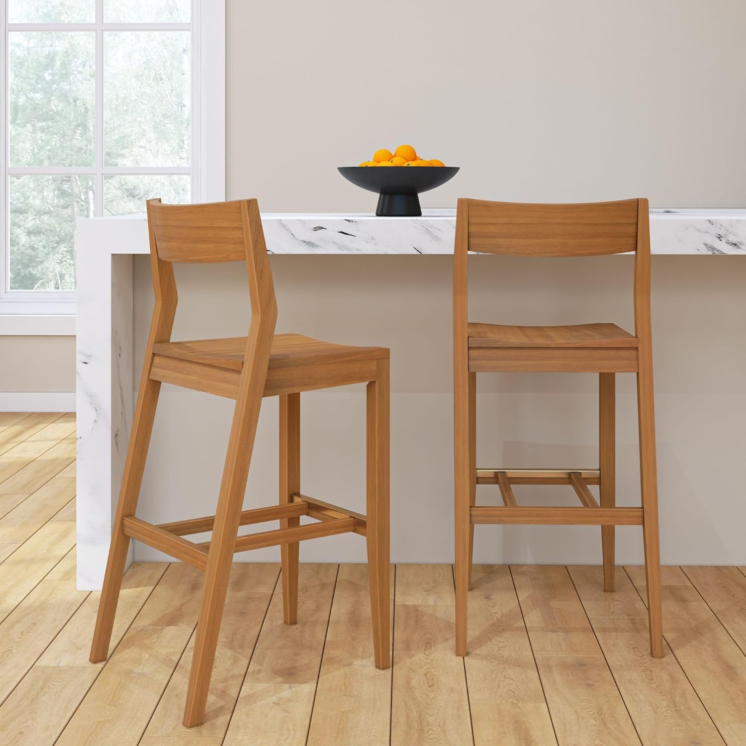 Plank+Beam Modern Bar Height Chairs, 44 Inch, Set of 2 Solid Wood Dining Chairs for Home Bar, Kitchen, Contemporary Seating for Dining Room, Pecan
