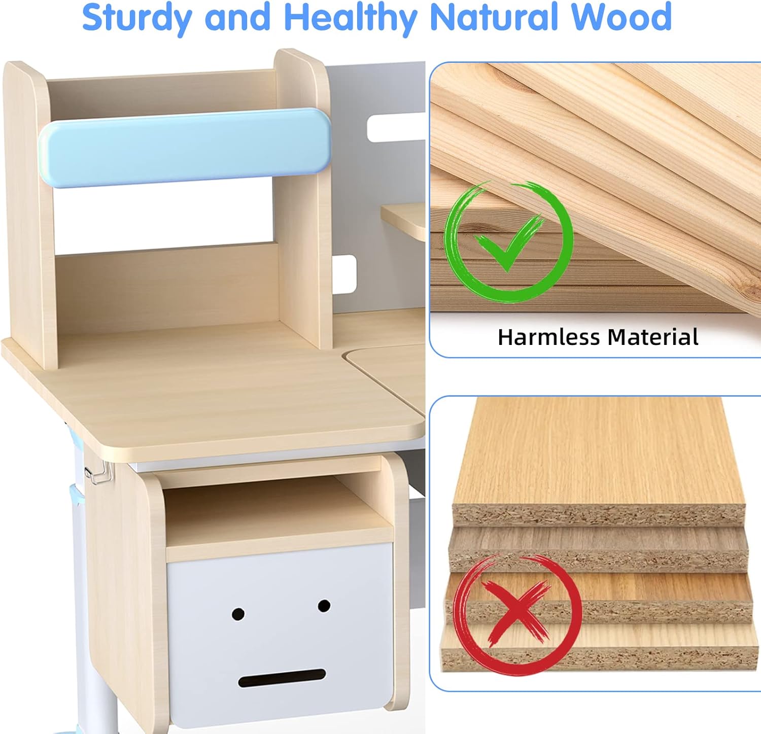 FCD Wood Adjustable Height Kids Study Desk with Chair Drafting Table Computer Station Built-in Bookshelf Hutch Multi Function (Blue, Desk and Chair)