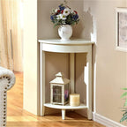 Home Furnishing Corner Table, Compact Triangle Solid Wood Side Table, Corner Shelf Unit with 2 Shelves Sofa Accent Tables for Small Space (White)