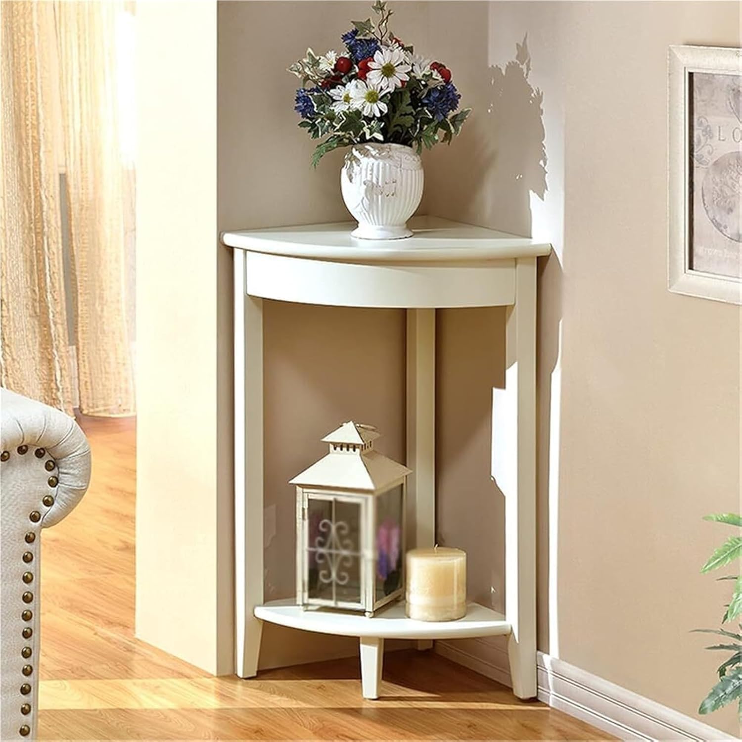 Home Furnishing Corner Table, Compact Triangle Solid Wood Side Table, Corner Shelf Unit with 2 Shelves Sofa Accent Tables for Small Space (White)