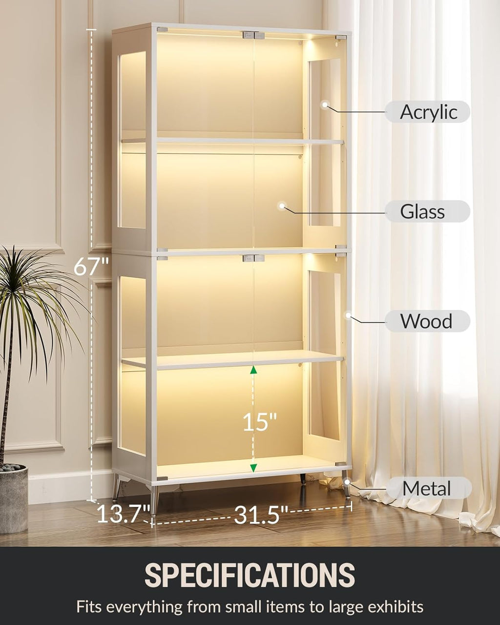 Display Cabinet with Glass Doors, 4-Tier Curio Cabinet, Adjustable Shelves, 60,000 Color Lights for Collectibles, Glass Display Case with App & Remote Control, Bookcase, Storage Cabinet, White