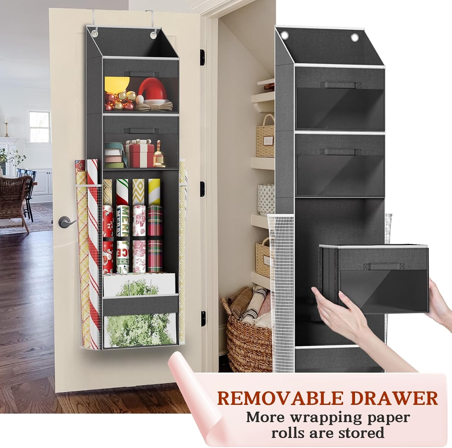 Over Door Wrapping Paper Organizer Storage with 3 Removable Drawers & Side Pockets – Dual Use Design with Elastic Straps – Christmas Gift Wrap Storage for Ribbons, Bows, Ornament and Other Tools 1Pack