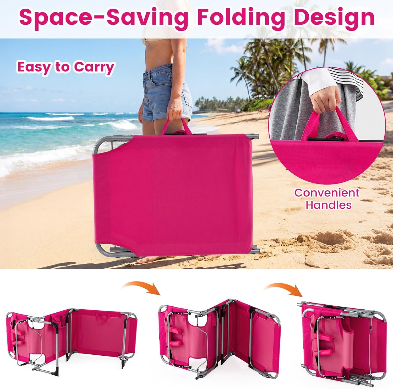 BECOMFORT Tanning Chair with Face Hole & Arm Holes, Portable Lounge Chair with 4-Position Adjustable Backrest, Pillow & Side Pocket, Folding Beach Chair for Outdoor Pool Sunbathing (Pink)