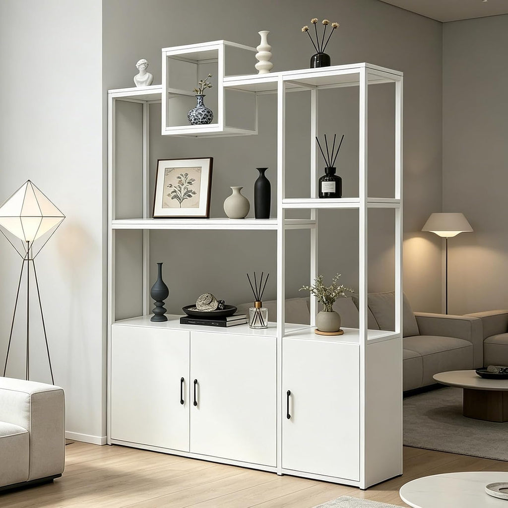 Room Divider with Shelves, Modern Open Shelf Storage Cabinet, Privacy Screens Room Partition Cabinet with Storage Shelf, Suitable for Home or Office Decoration (White, 140cm/55.1in)