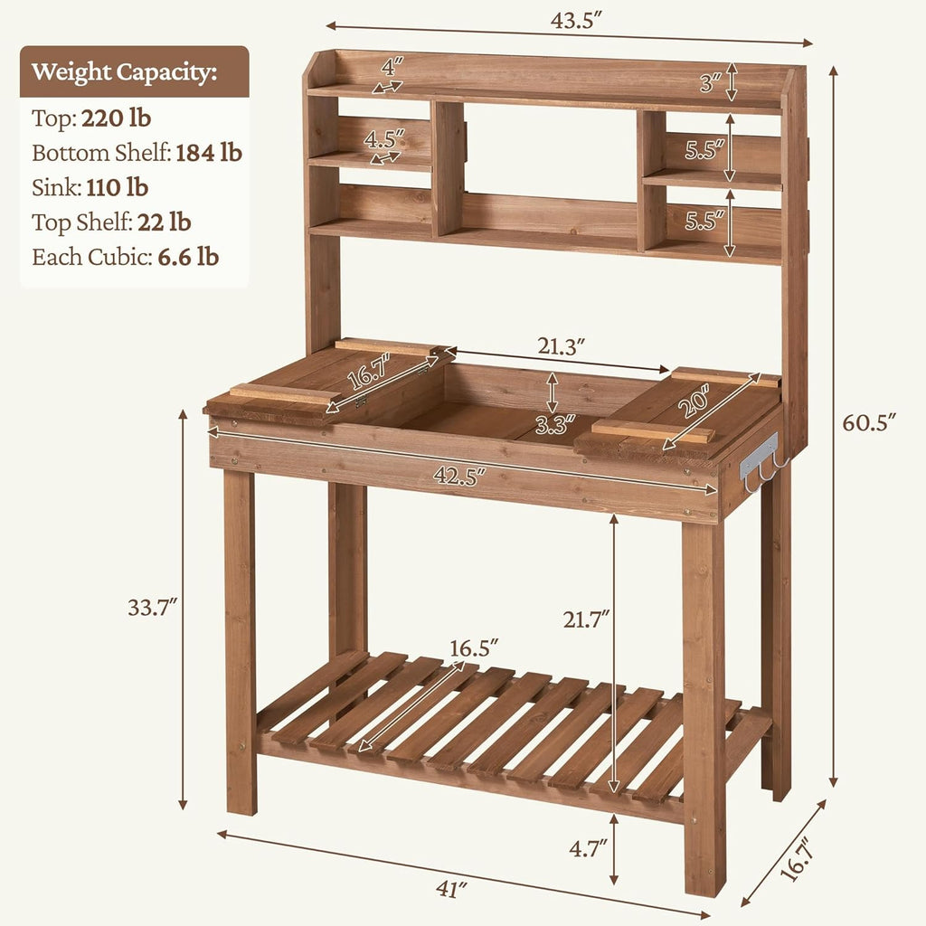Topeakmart Potting Bench Germination Table - Wood Garden Work Bench Flatform w/Display Rack/Practical Storage Prganizer for Backyard, Patio and Balcony, Brown