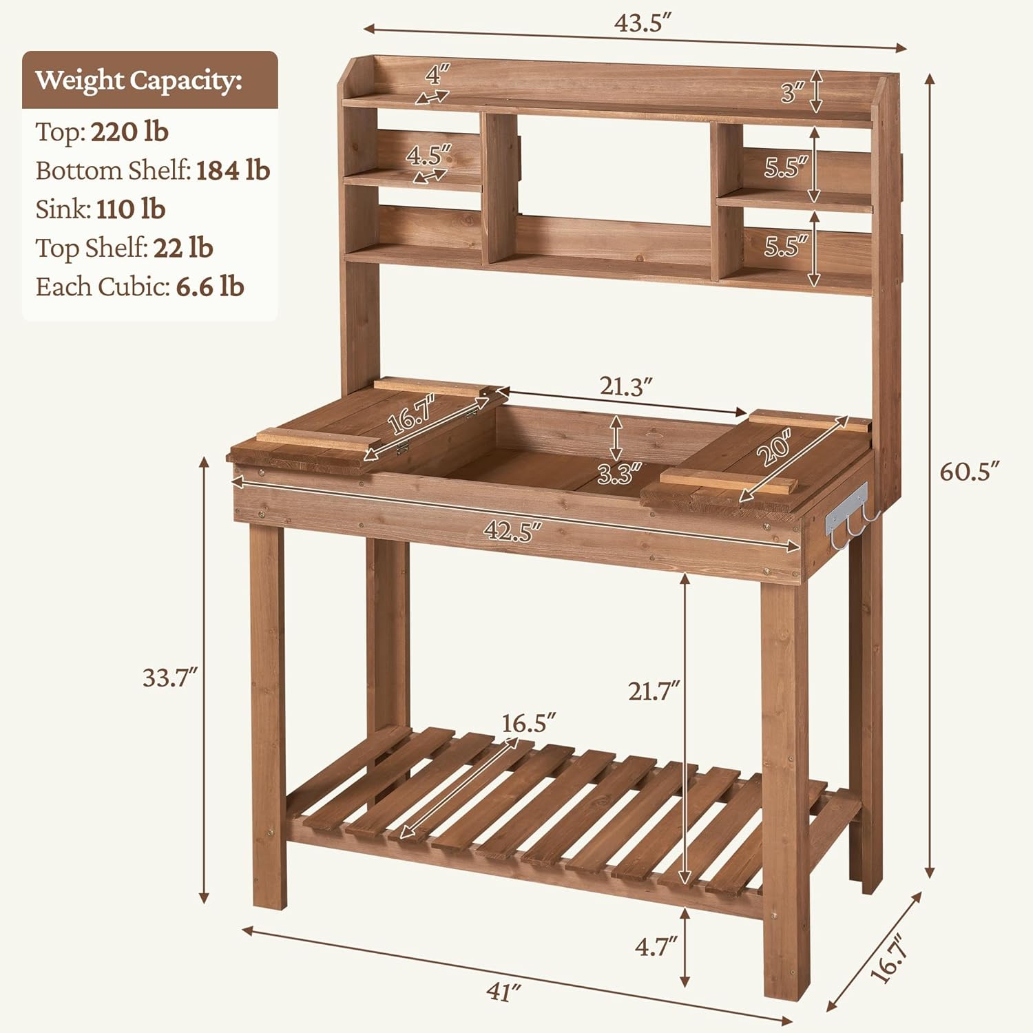 Topeakmart Potting Bench Germination Table - Wood Garden Work Bench Flatform w/Display Rack/Practical Storage Prganizer for Backyard, Patio and Balcony, Brown