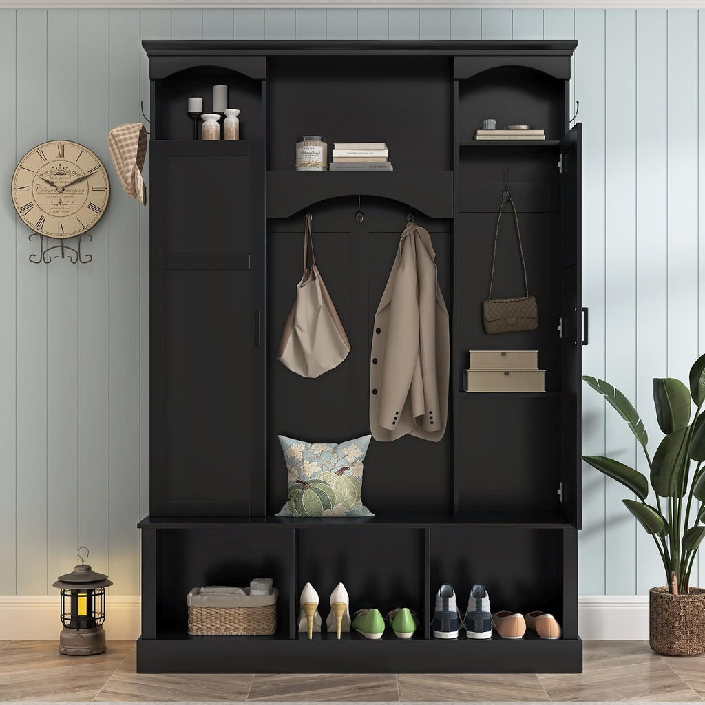 Merax Hall Tree with Bench and Shoe Storage 77.3" Tall with Adjustable Shelves, Modern All-in-One Entryway Bench with 2 Side Cabinets & 7 Hooks, Elegant Arched Design, 55.1"L x 15.7"W (Black)