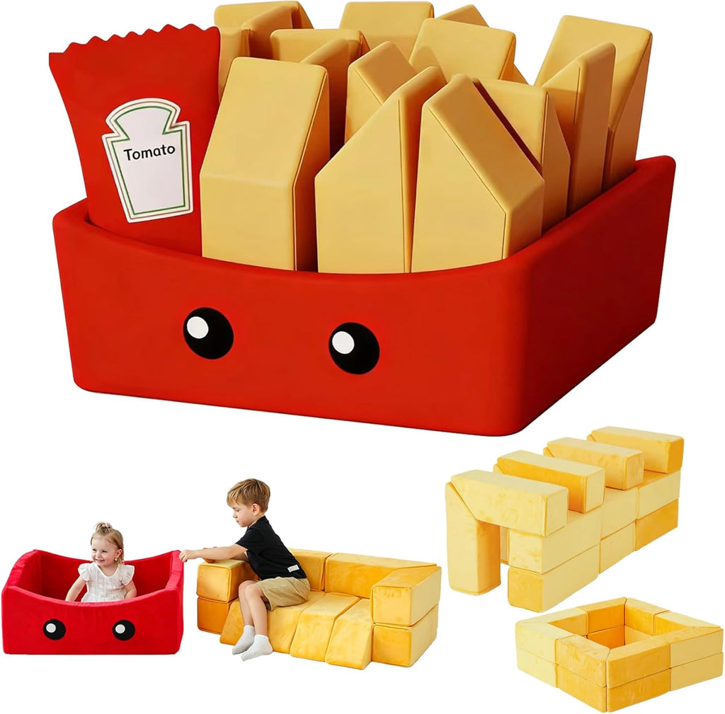 BABAMU Modular Kids Play Couch, Fries Box Design Child Sectional Sofa, Fort-Play Bedroom & Playroom Furniture for Toddlers, Convertible Foam, Washable Covers