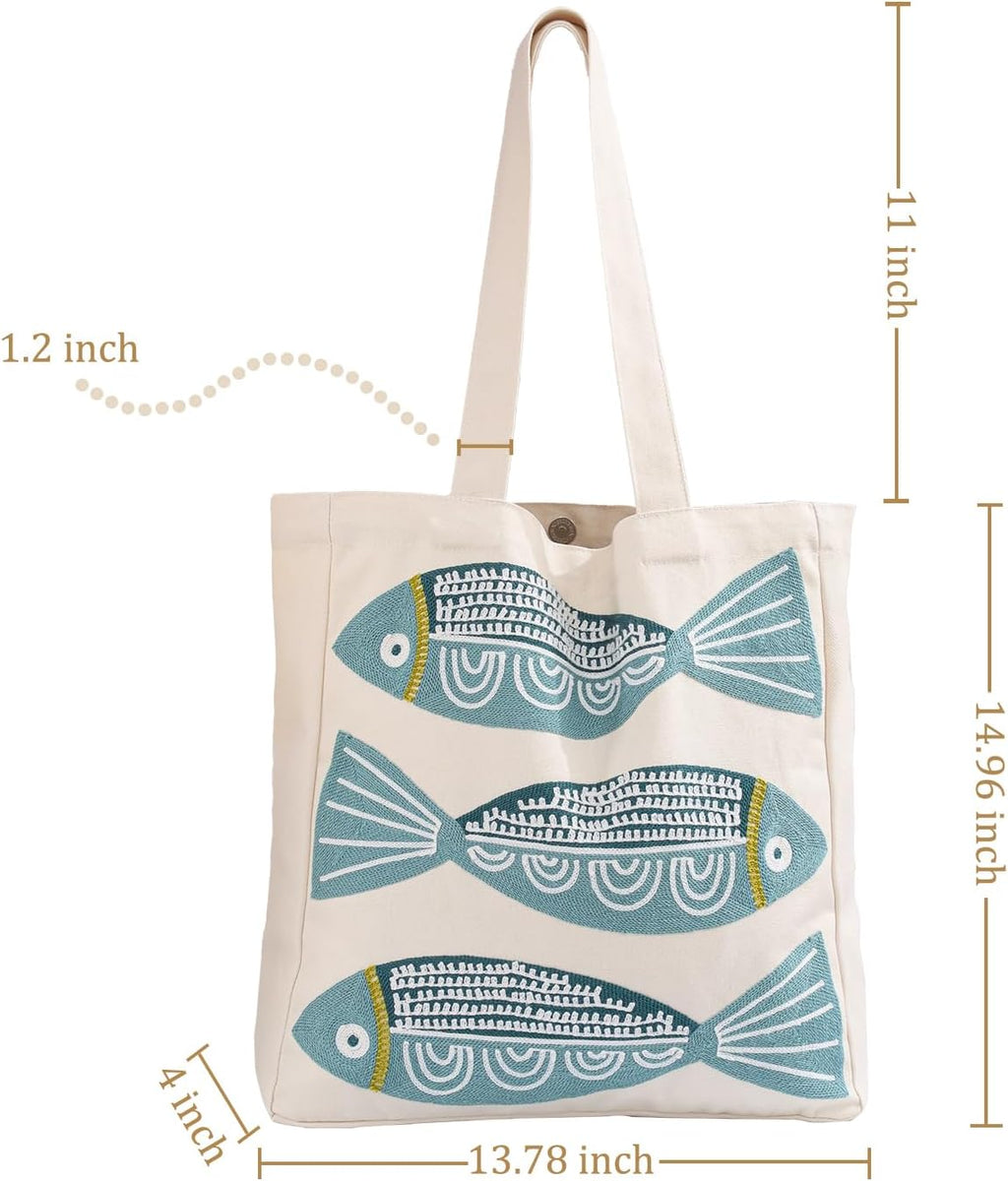 Ocean-Themed Embroidery Tote Bag for Women Summer Canvas Beach Bag Reusable Bag for Shopping Grocery Book