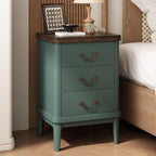 Wnutrees Farmhouse Nightstand with 3 Drawers，Modern Bedside Table with Round Curved Corner and Metal Handles, Wood End Side Table for Living Room, Hallway, Green