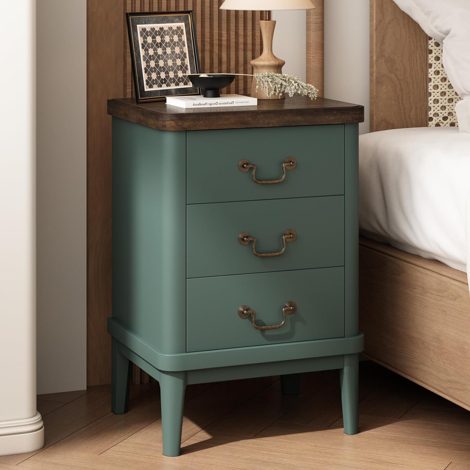 Wnutrees Farmhouse Nightstand with 3 Drawers，Modern Bedside Table with Round Curved Corner and Metal Handles, Wood End Side Table for Living Room, Hallway, Green