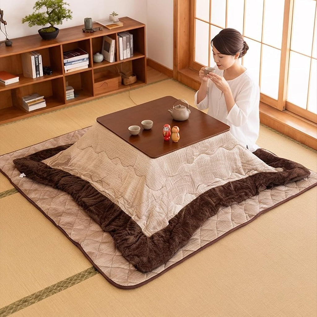 Kotatsu Heating Table Set 80/120cm Japanese-Style Stove Futon Set Kotatsu Heating Table 4-piece Set for Living Room in Winter Living Room Square Kotatsu Table (Khaki-B, 80 * 120 * 40cm)
