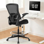 Drafting Chair, Tall Office Chair with PU Leather Seat, Standing Desk Chair Counter Height Office Chairs with 21.65'' Footrest Ring and Adjustable Lumbar Support Armrests Black