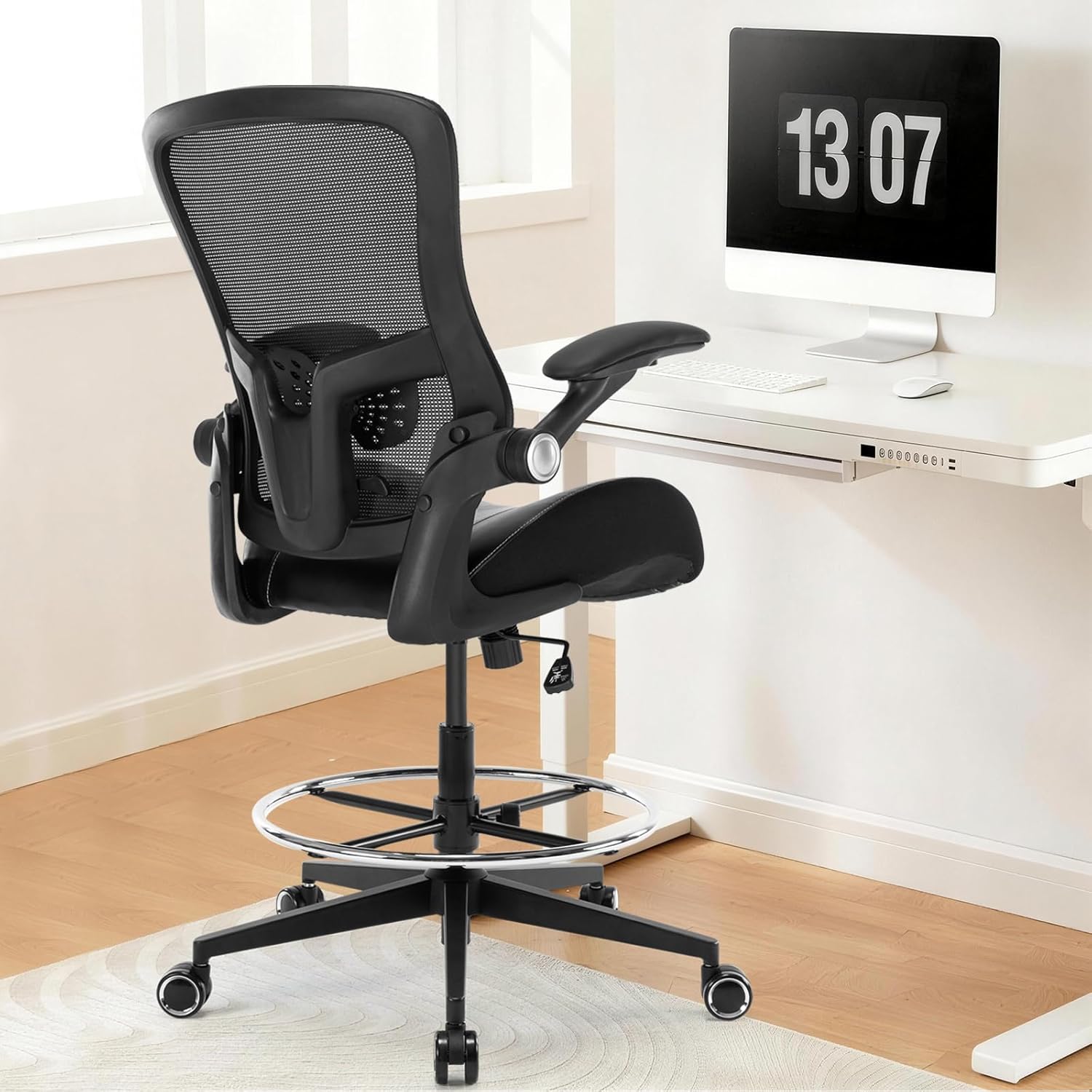 Drafting Chair, Tall Office Chair with PU Leather Seat, Standing Desk Chair Counter Height Office Chairs with 21.65'' Footrest Ring and Adjustable Lumbar Support Armrests Black