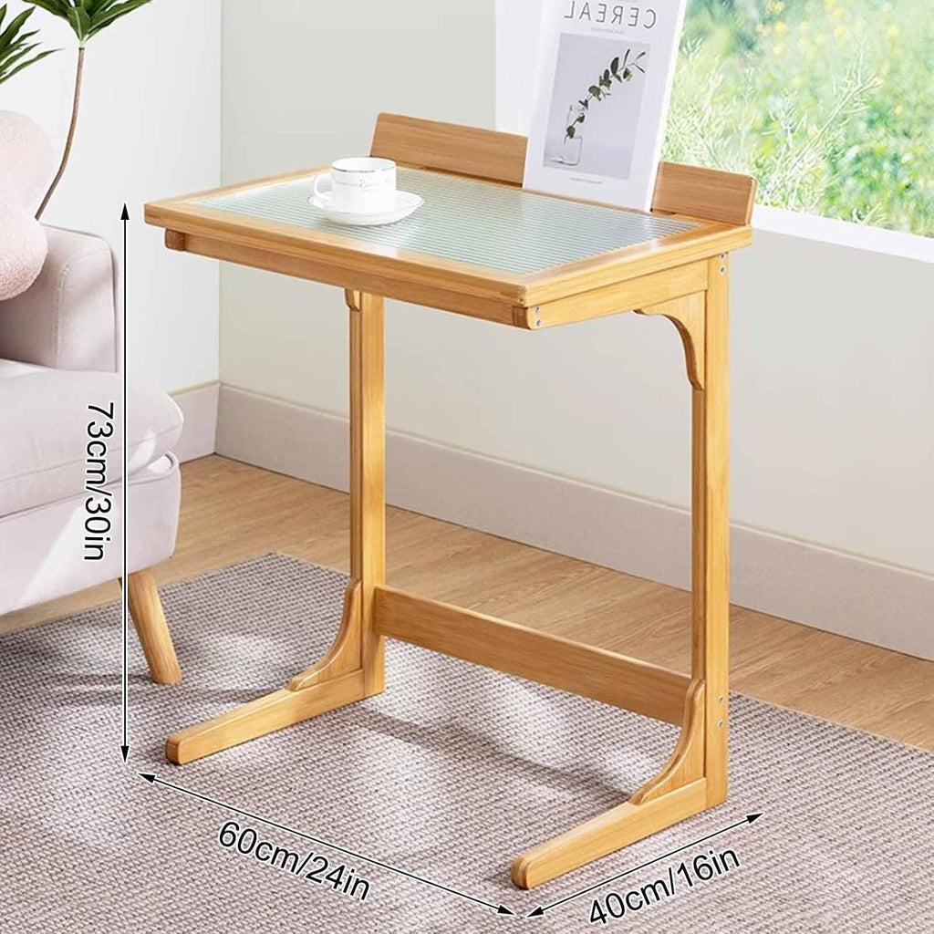 C Shaped End Table with Glass Top, Bamboo Sofa Side Table, Laptop Desk, Snack Table for Living Room and Balcony