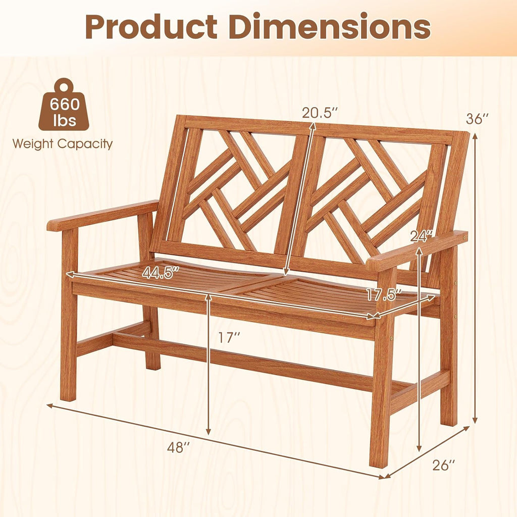 Tangkula Outdoor Wood Bench, 2-Person Patio Loveseat Chair with Geometric Backrest, Built-in Armrests & Slatted Seat, 660 lbs Weight Capacity, Garden Bench for Porch, Backyard & Poolside
