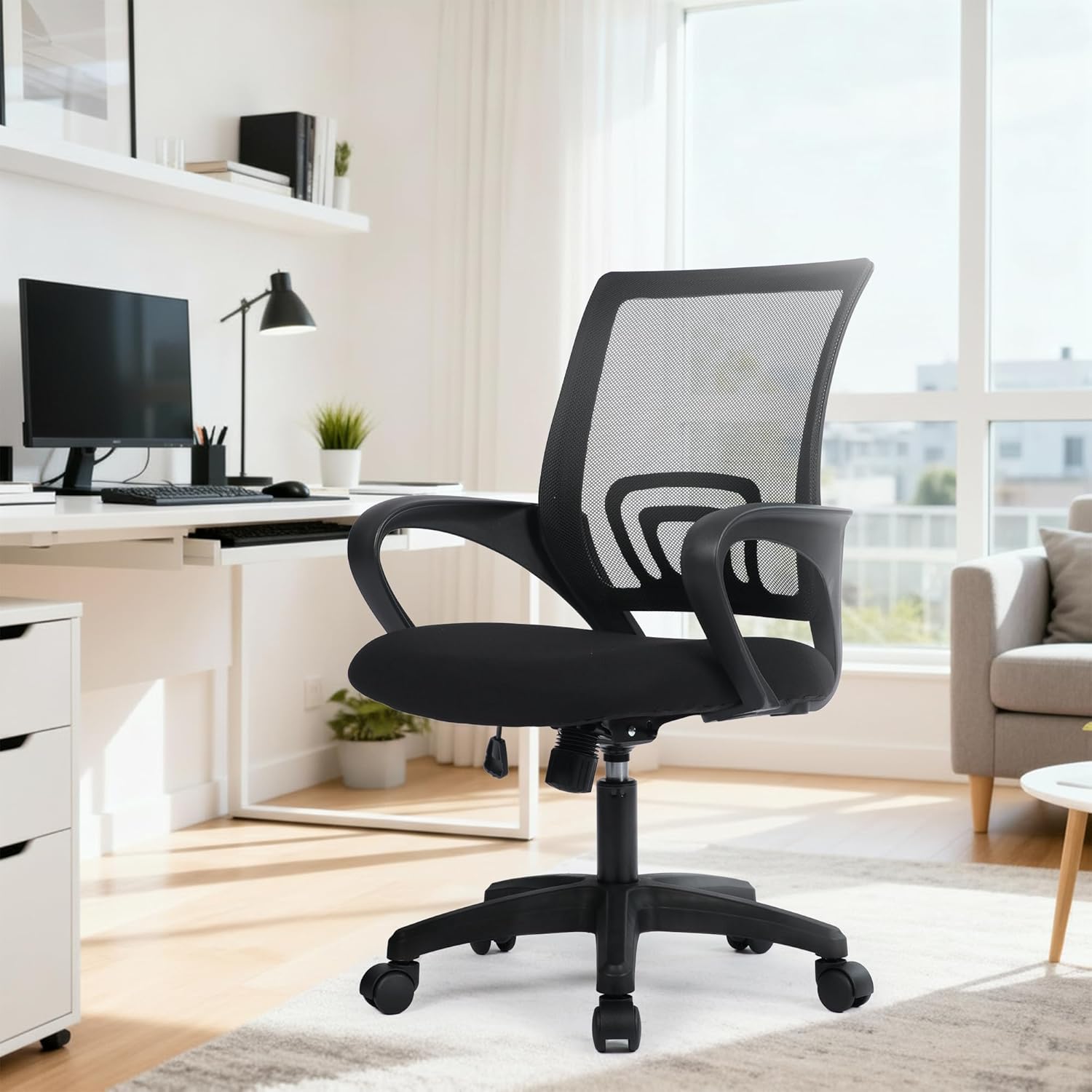 NEO CHAIR Office Desk Computer Chair Ergonomic Mesh Gaming Cushion Seat with Comfy Lumbar Mid Back Support Adjustable Height Swivel Rolling Wheels for Home Task (Mesh Black)