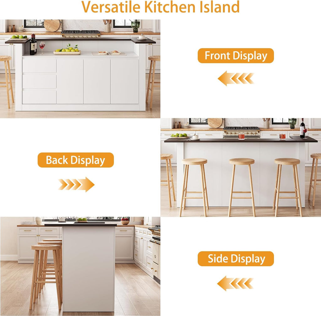 86.6" Large Kitchen Island with Trash Can Storage, Stationary Storage Island with 3 Drawers and 2 Shelves, Wood Island Table with Large Countertop for Kitchen, Dining Room,White