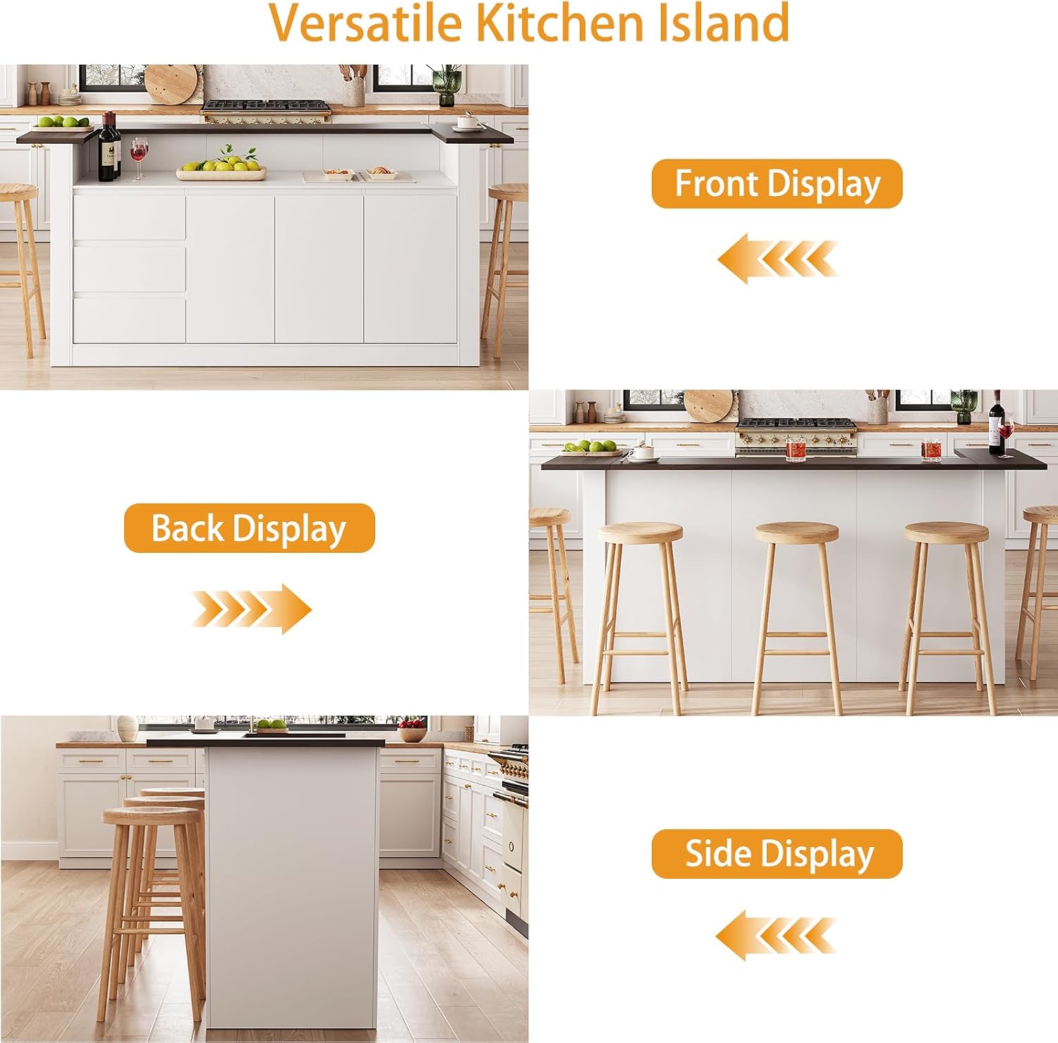 86.6" Large Kitchen Island with Trash Can Storage, Stationary Storage Island with 3 Drawers and 2 Shelves, Wood Island Table with Large Countertop for Kitchen, Dining Room,White