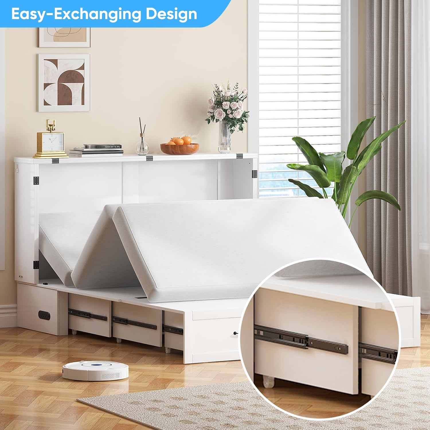 Mjkone Queen Size Murphy Bed Cabinet with Mattress Included, USB Charging Station, Storage Drawer, Panel, 63.39" Width Chest Cabinet Murphy Beds for Guest Room Small Spaces Saving Home Offices, White