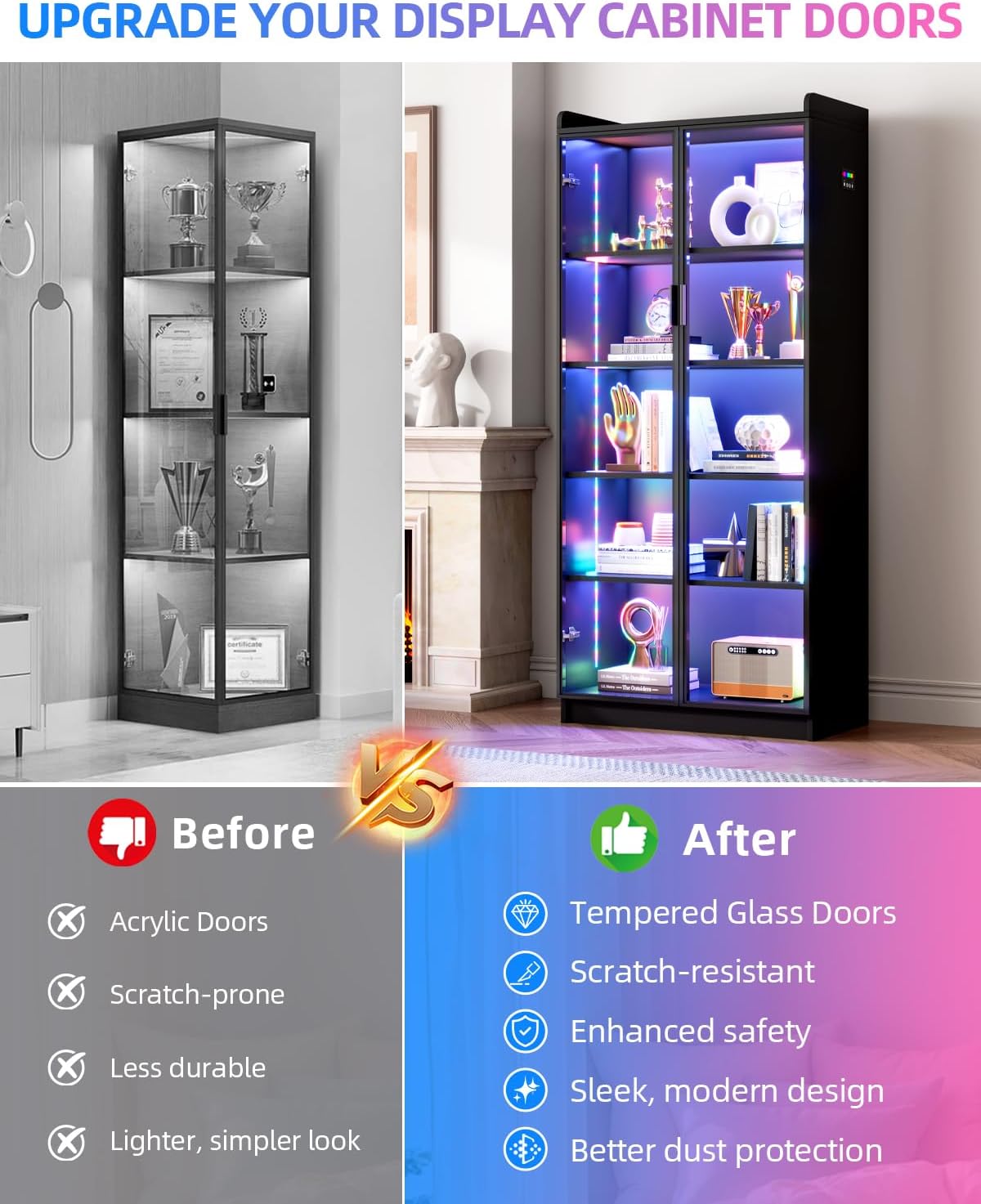 Dystler 65" Display Cabinet with Glass Doors, 5-Tier Curio Cabinet with Motion Sensor RGB Lights, Modern Display Case with Adjustable Shelves for Collectibles, Figures, Books, Black