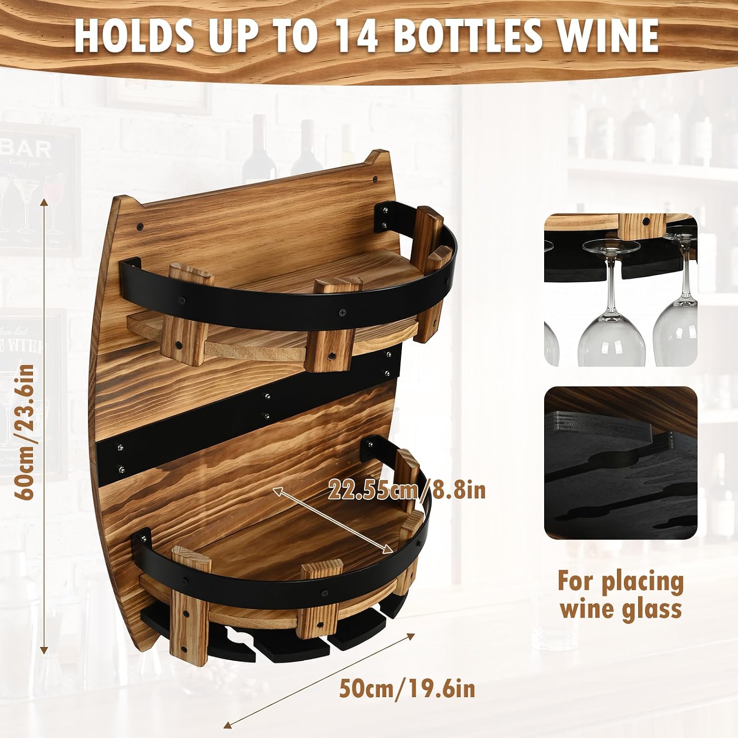 Whiskey Barrel Wall Shelf, Wooden Bourbon Bottle Display Rack | Vintage Handcrafted Wooden Liquor Storage Shelf for Home Bar, Kitchen, Man Cave and Farmhouse Decor