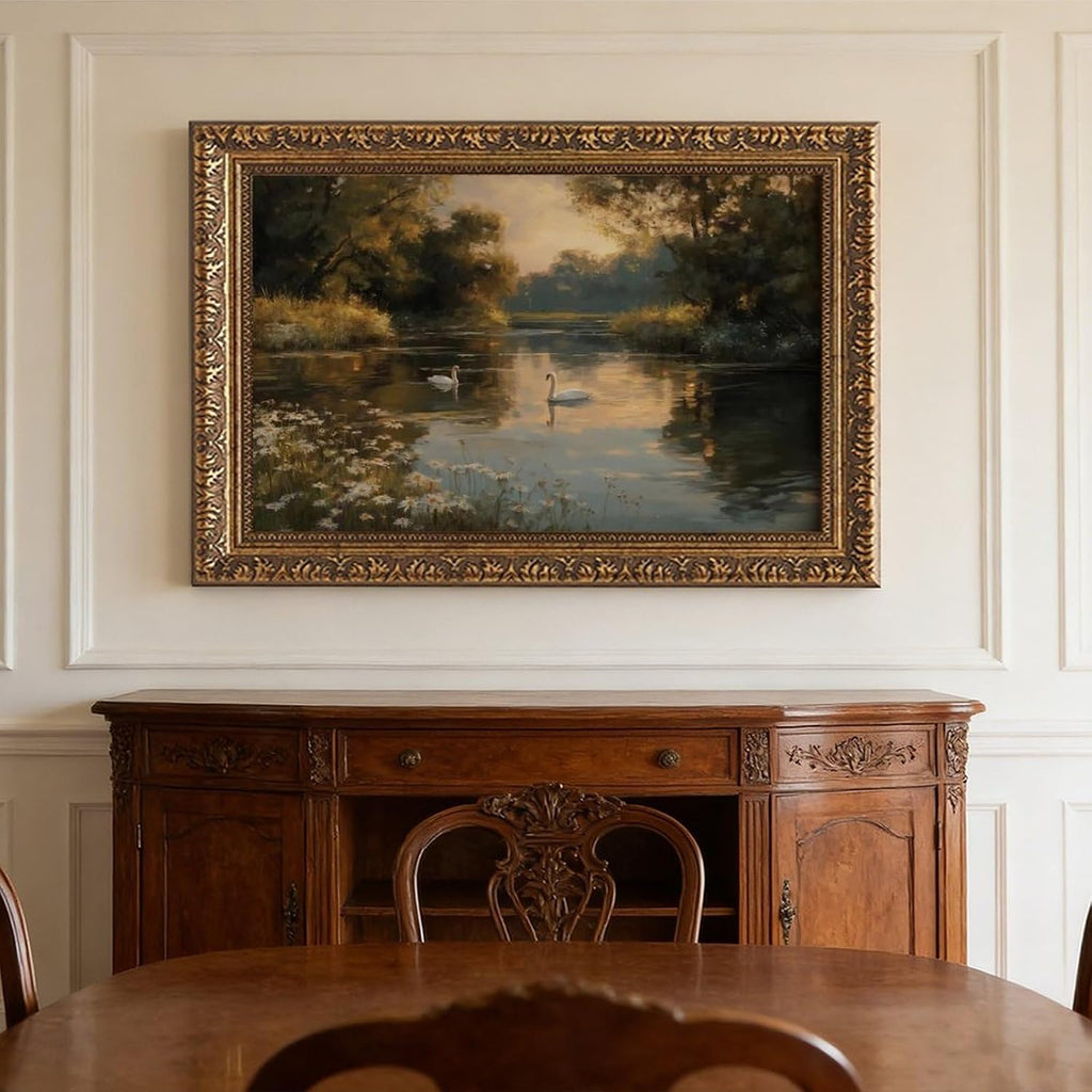 Swan Lake Landscape Oil Painting Vintage Gold Frame Framed Canvas Wall Art for Living Room Bedroom Office Dining Room Entryway Home Decor Ready to Hang 18x12 Inch