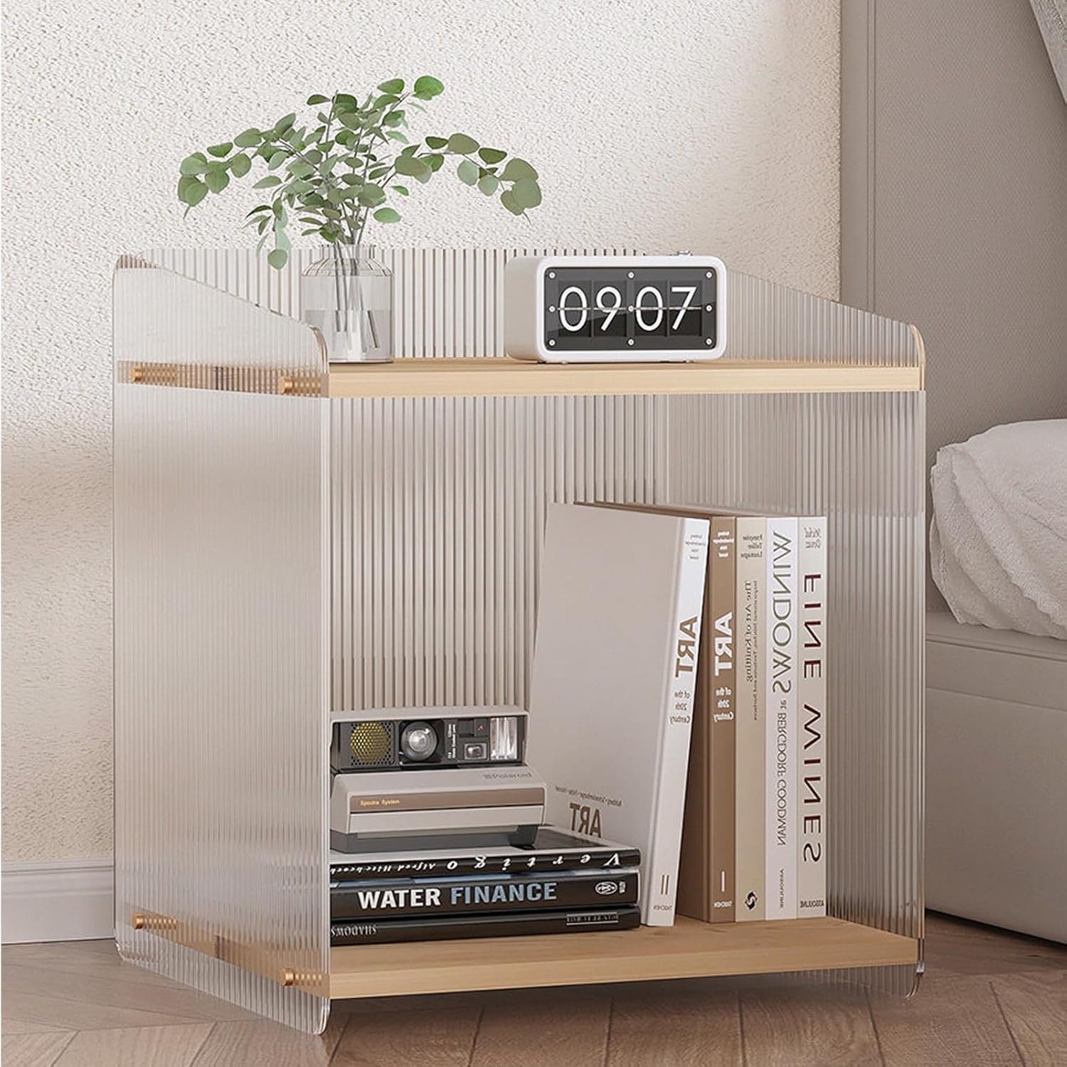 Acrylic and Wood End Table with 2-Tier Storage, Side Table for Couch Dinner Coffee Drink Table TV Snack Tray Modern Minimalist Nightstand for Living Room, 18.9 Inch, Clear (Wood)