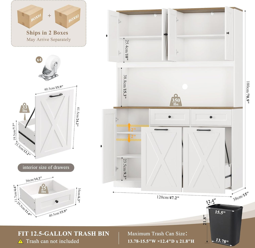 HOSTACK 71"H Kitchen Trash Can Cabinet, 12.5 Gallon Double Pull Out Garbage Can Hutch Cabinet with Trash Bin Storage Holders, 47" Wide Kitchen Pantry with Hidden Garbage Storage for Dining Room, White
