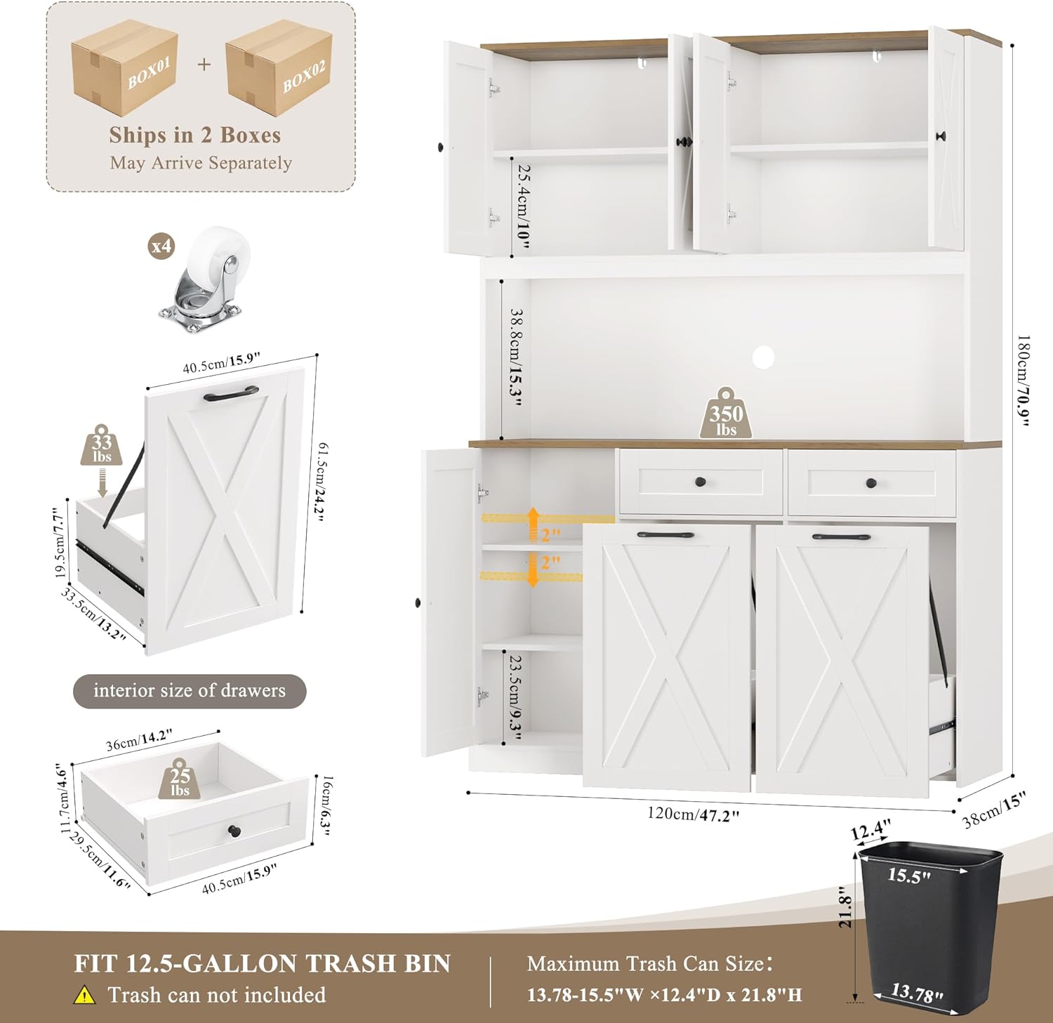 HOSTACK 71"H Kitchen Trash Can Cabinet, 12.5 Gallon Double Pull Out Garbage Can Hutch Cabinet with Trash Bin Storage Holders, 47" Wide Kitchen Pantry with Hidden Garbage Storage for Dining Room, White