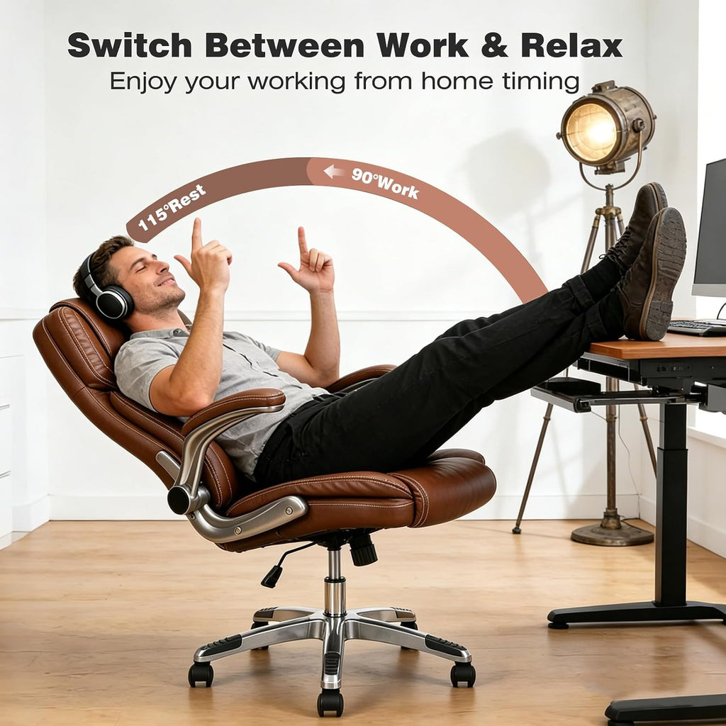 Brown Leather Office Chair with Flip up Arms, High Back Ergonomic Executive Office Chairs with Wheels, 90-120° Rocking Office Desk Chair with Lumbar Support, Swivel Task Chairs