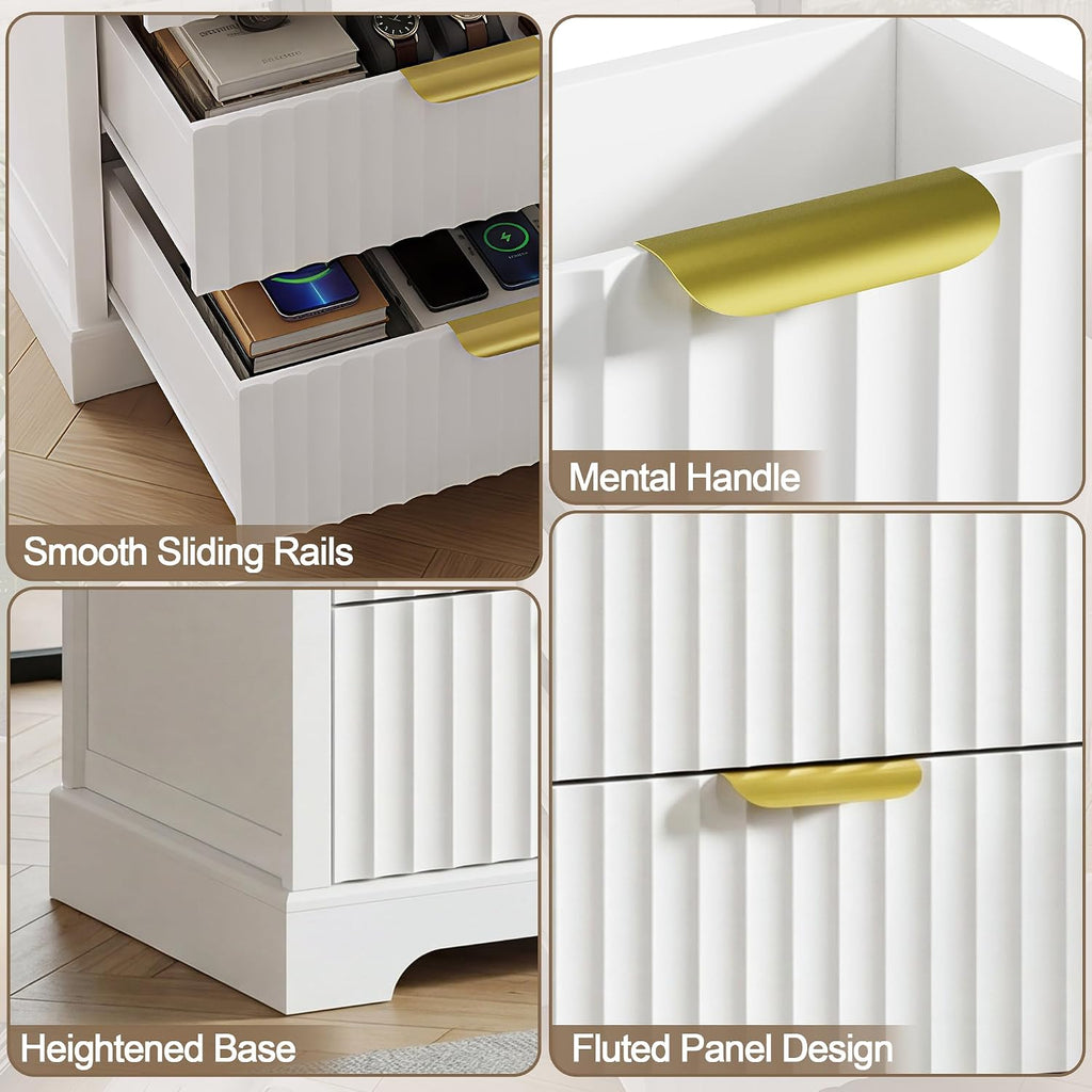 Fluted Nightstand with Charging Station and 3 Drawers | Metal Handles, Large Bedside Table, Bedroom, Charging Stations With USB-C Port, White