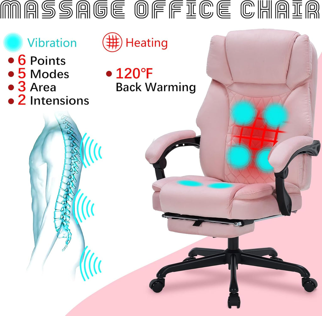 Massage Office Chair with Foot Rest 6 Points Vibration and Heat Home Office Desk Chairs for Heavy People 400lbs Reclining Managerial Chairs Ergonomic Executive Chair (Pink)