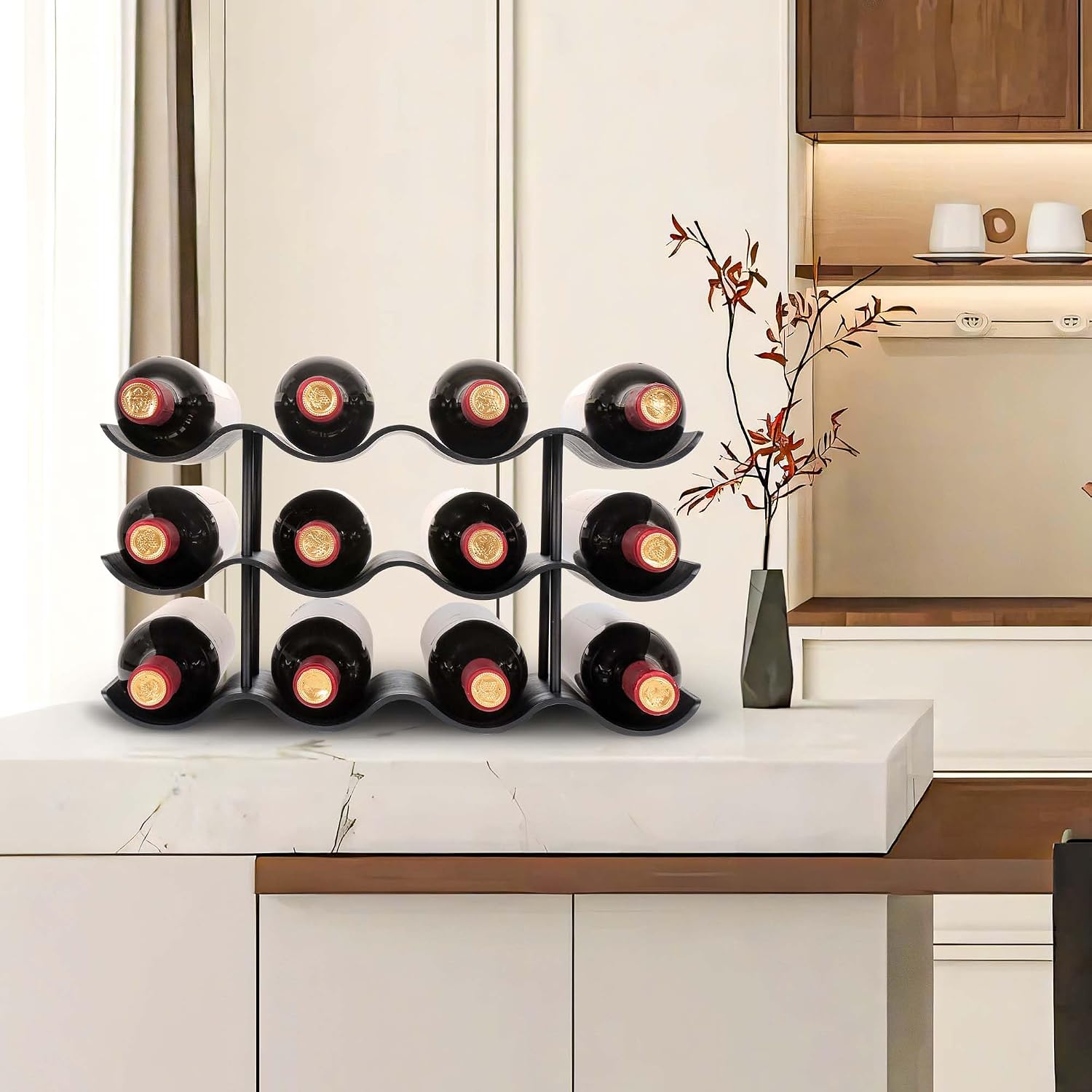 Countertop Wine Rack - 12 Bottle Freestanding Wine Bottle Holder Stand - 3 Tier Wooden Wine Storage Rack - Black Wavy Wine Organizer for Cabinet Pantry Home Kitchen Bar