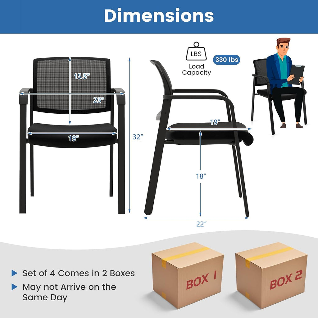 Tangkula Set of 4 Conference Room Chairs, Stackable Office Guest Chairs with Upholstered Seat, Mesh Backrest & Armrests, Waiting Room Chairs for Office, School, Lobby, Black
